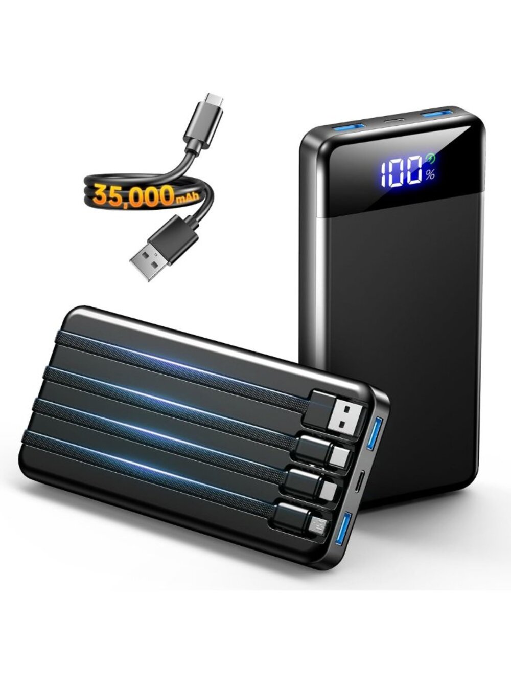 High-Capacity 35000mAh Portable Charger with 4 Built-in Cables, Fast Charging
